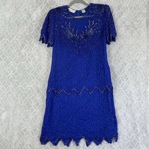Vtg Laurence Kazar Dress Large Blue 100% Silk Sequin Bead Cocktail Party Flapper